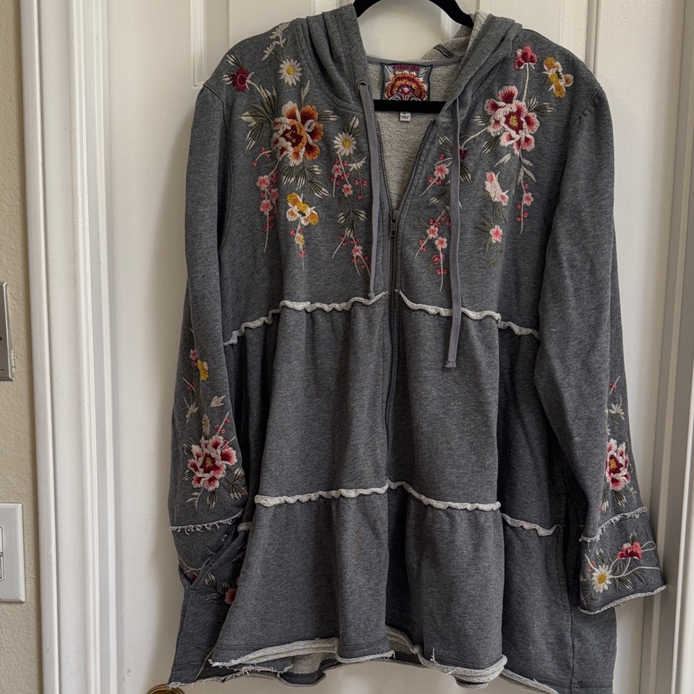 Johnny Was Gray Knit with Pink and Yellow Embroidery